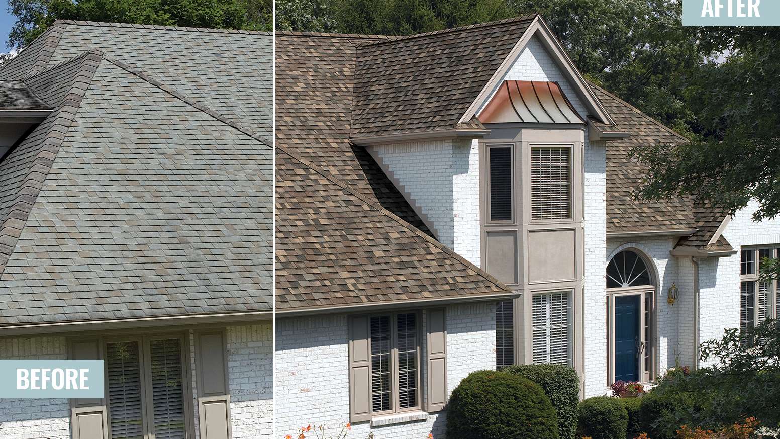 Before and After photos side by side of a white brick home with new Sand Dune Duration Designer shingles