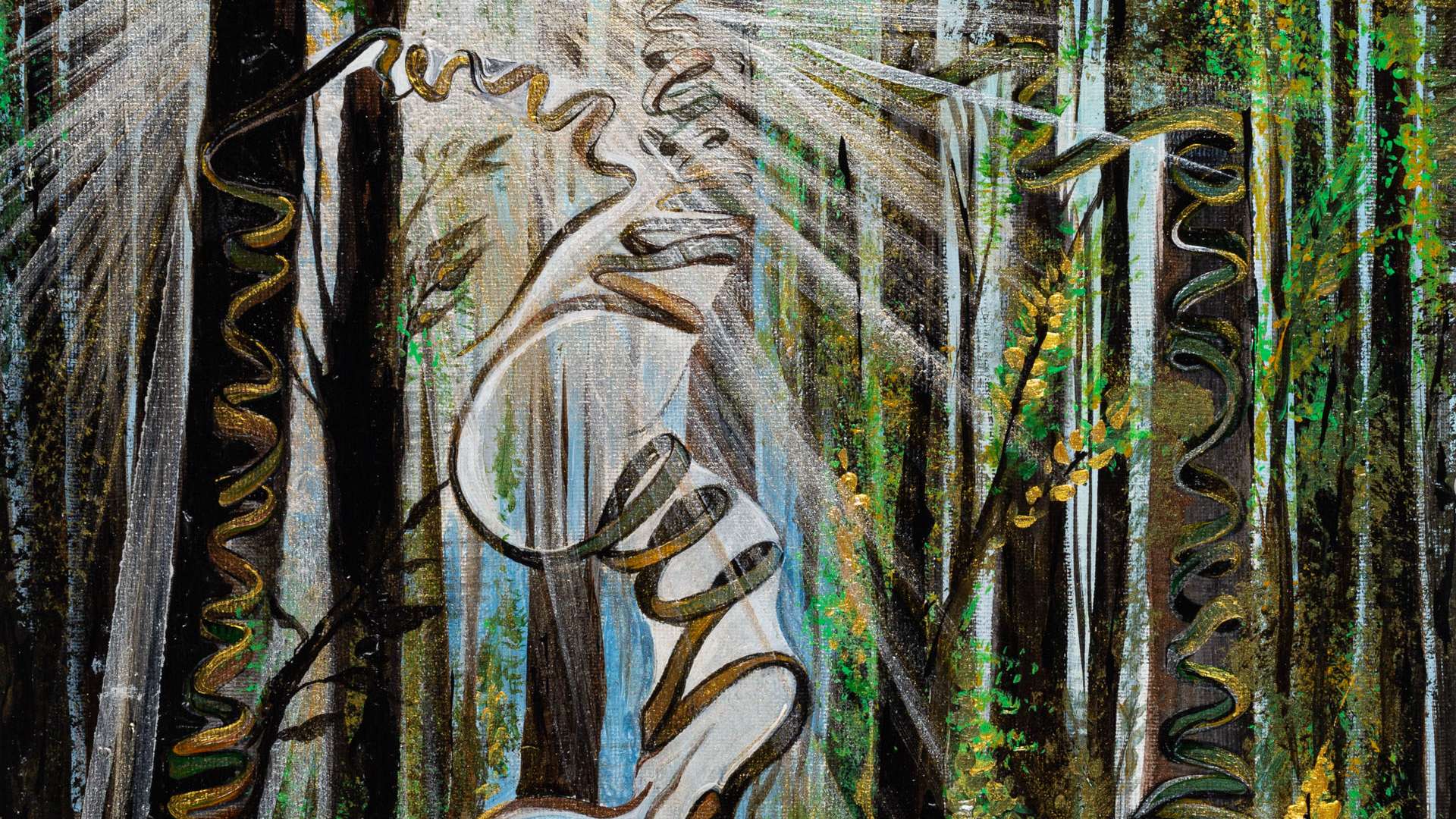   Surreal artwork of a twisted human figure merging with light beams in a dense green forest.