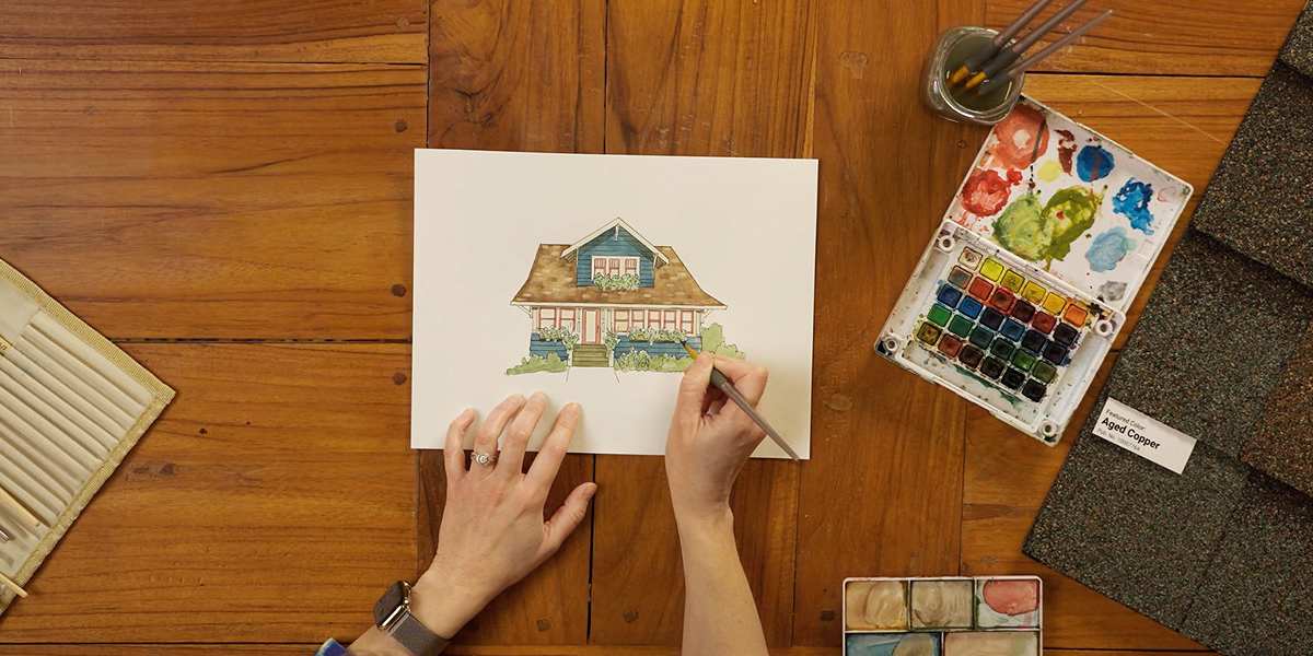 A hand illustrated house exterior created with watercolor paints and pencil highlighting the roof color.