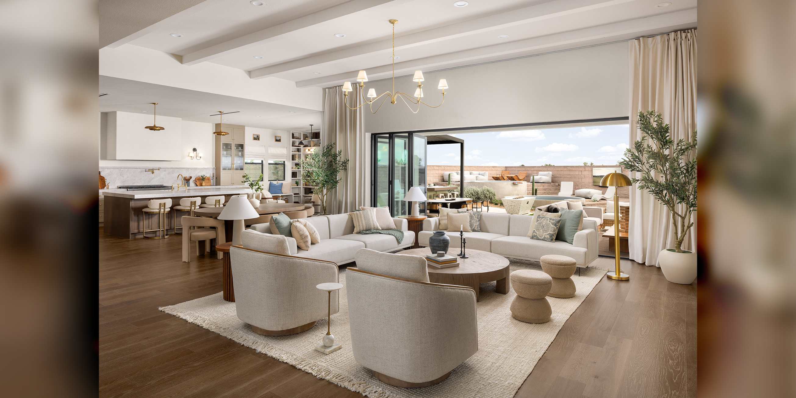 beautiful Las Vegas, Nevada home interior design, luxury sliding doors by Fleetwood living area extending into exterior patio