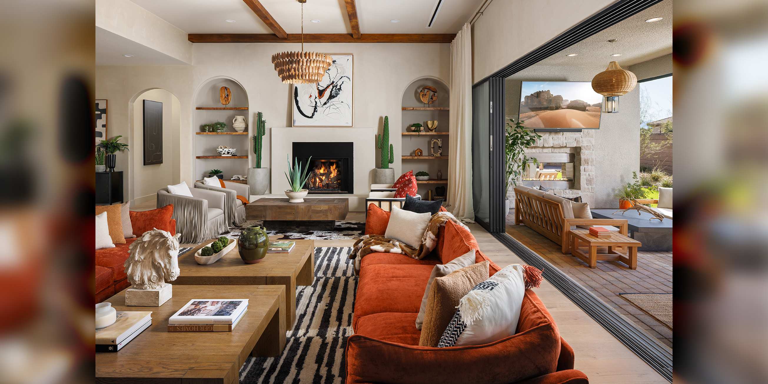 beautiful Las Vegas, Nevada home interior design, luxury sliding doors by Fleetwood living area extending into exterior patio