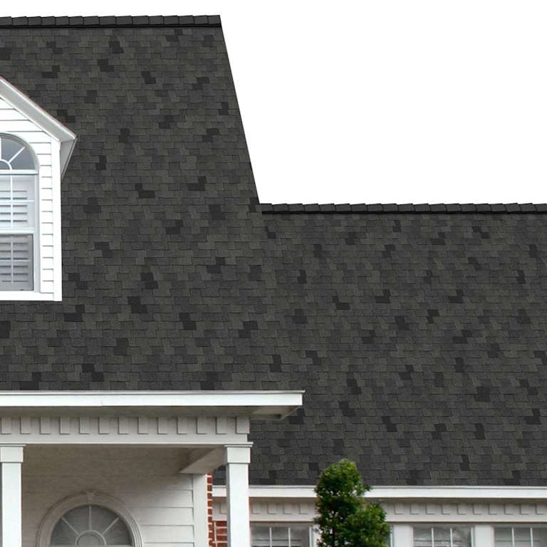 La entrada del porche de una casa muestra cuán bien las tejas de color negro Carbon Woodmoor se combinan con el panel horizontal blanco y una puerta símil madera con columnas blancas.