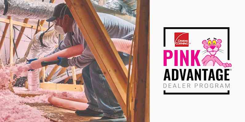 Installer blowing in insulation sitting beside the Pink Advantage Dealer Program logo