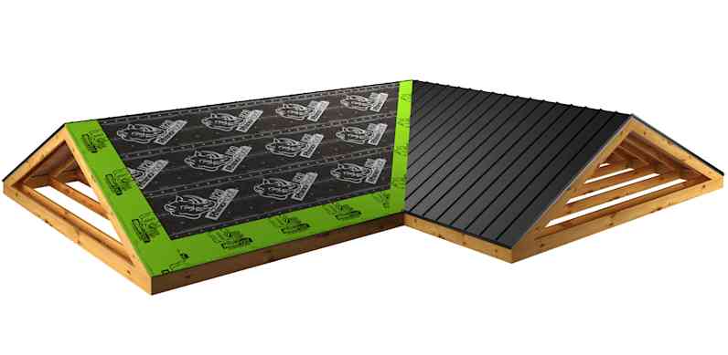 Rendering of roof deck with RhinoRoof® High-Temp and RhinoRoof® U20 under metal roof.