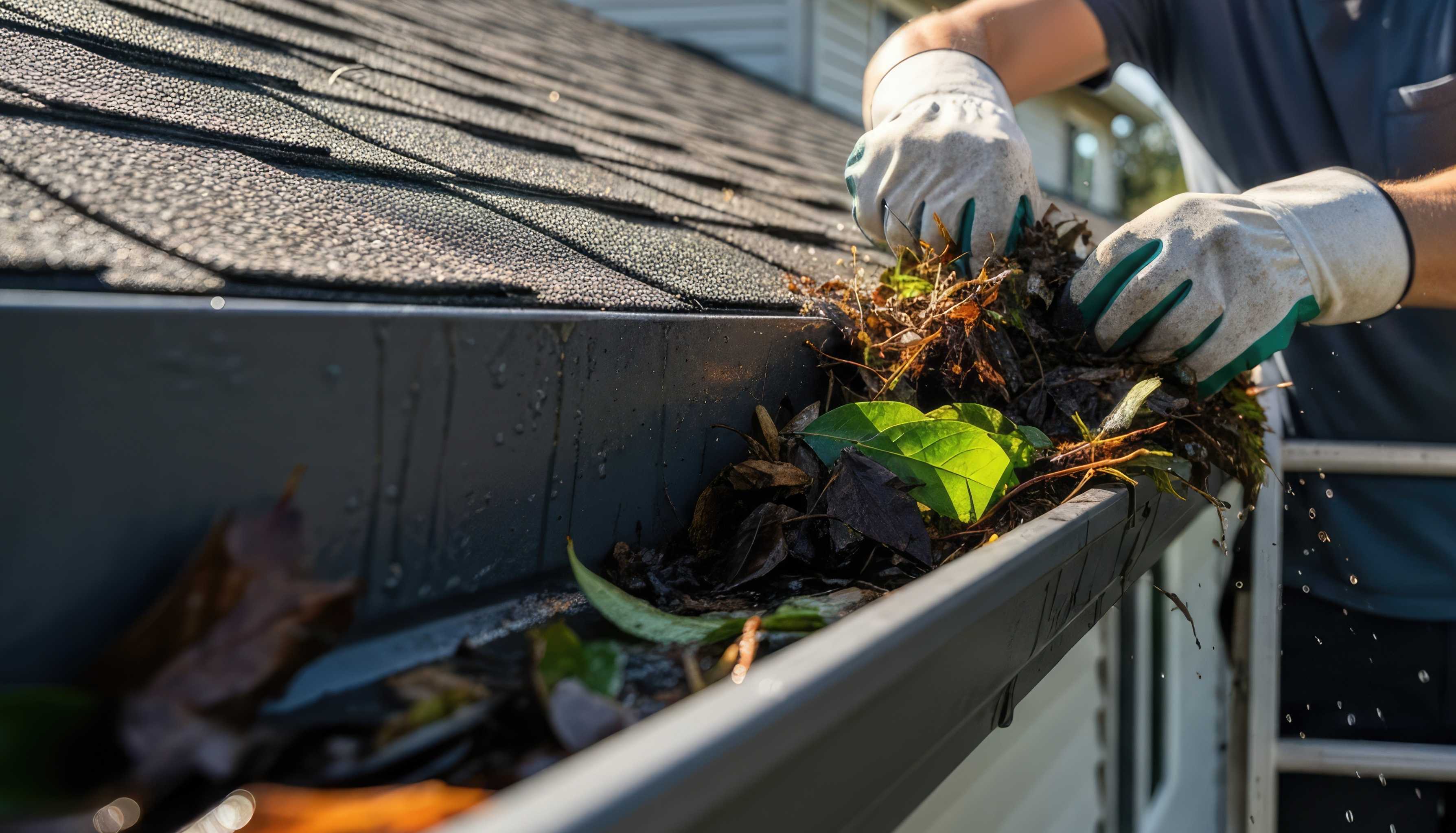 Person cleaning leaves and debris from the gutters.