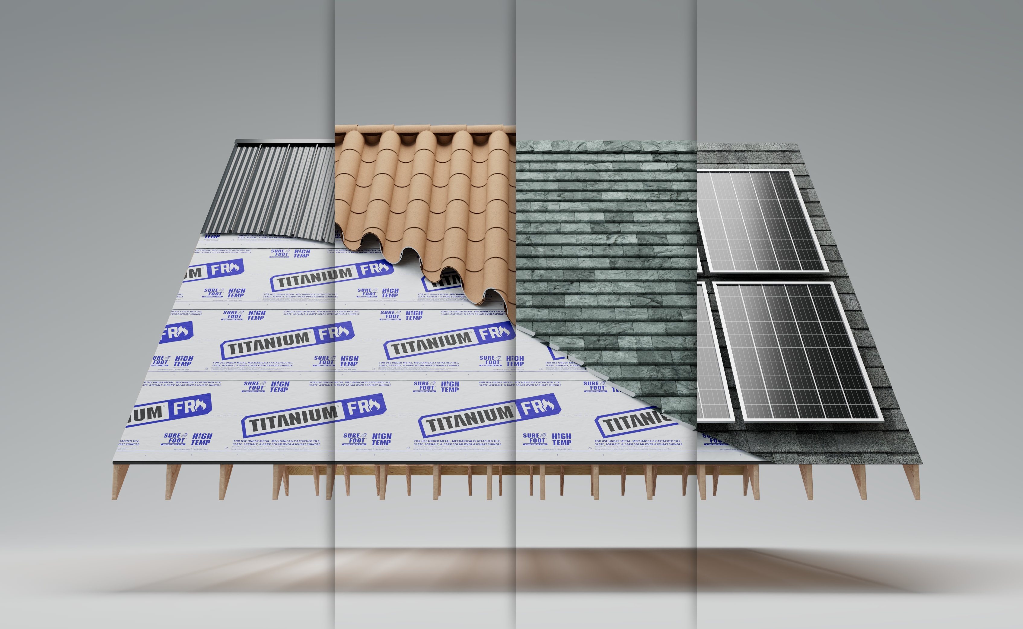 Up close image of roof with solar panel with a wildfire in the background.