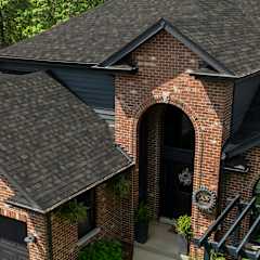 Aerial view of a red brick home with arched entry and a new roof with Owens Corning TruDefinition Duration Black Sable asphalt shingles