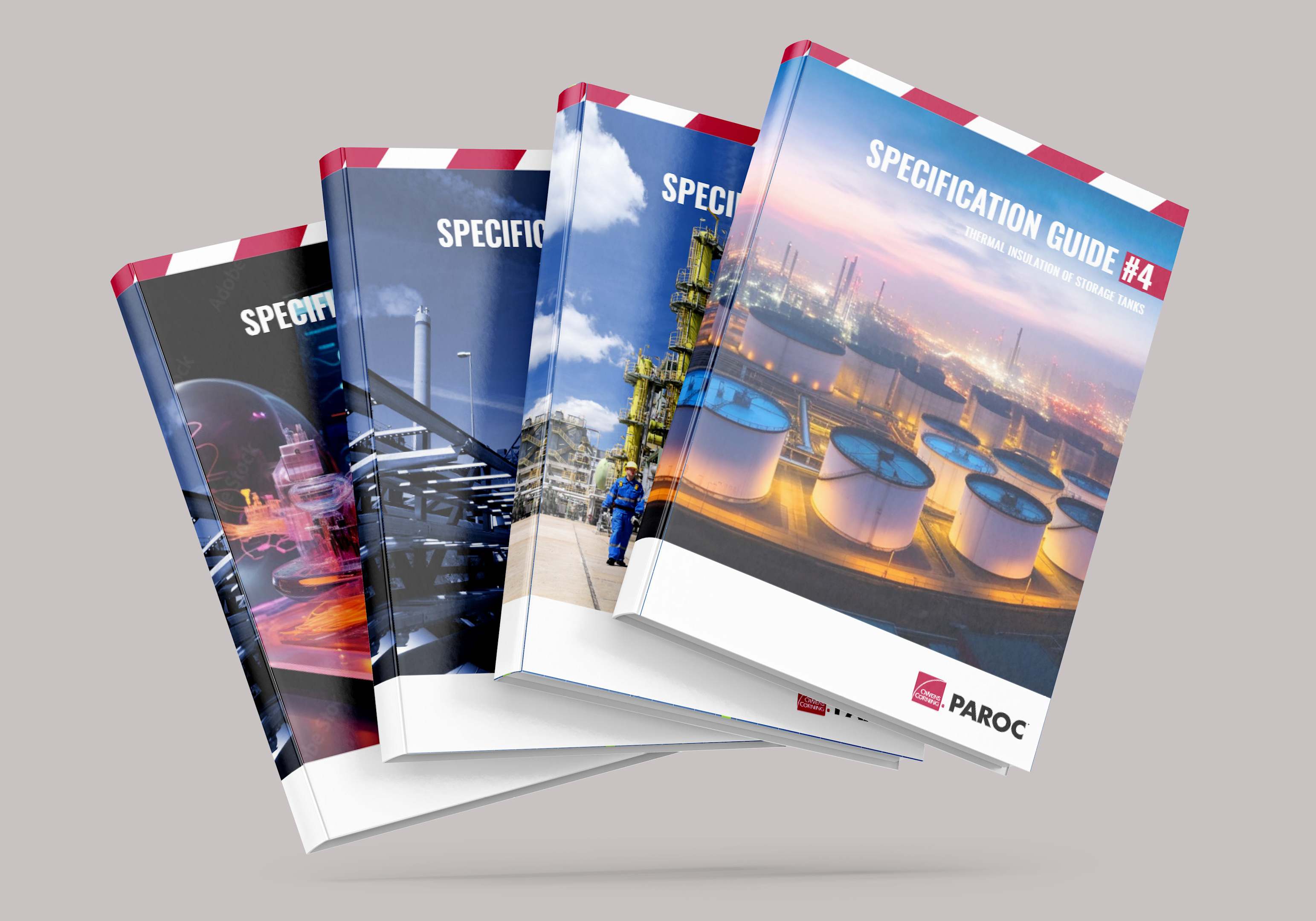 Four specification guides on a gray background, related to industrial insulation systems