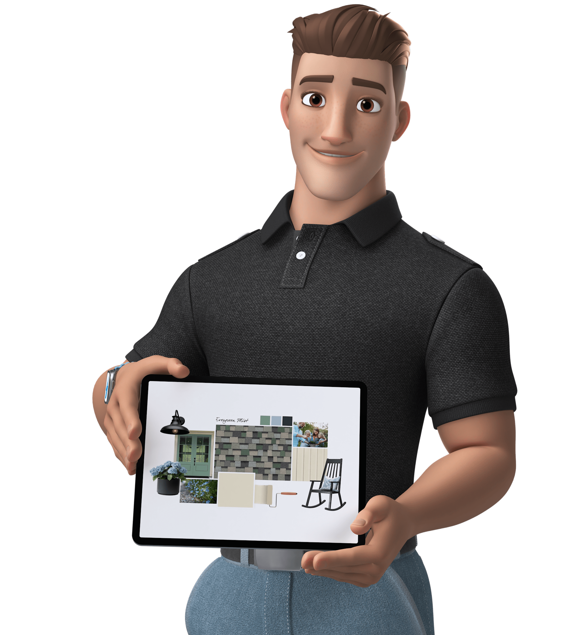 Animated person holding a tablet displaying the 2026 Shingle Color of the Year, Evergreen Mist, style board.
