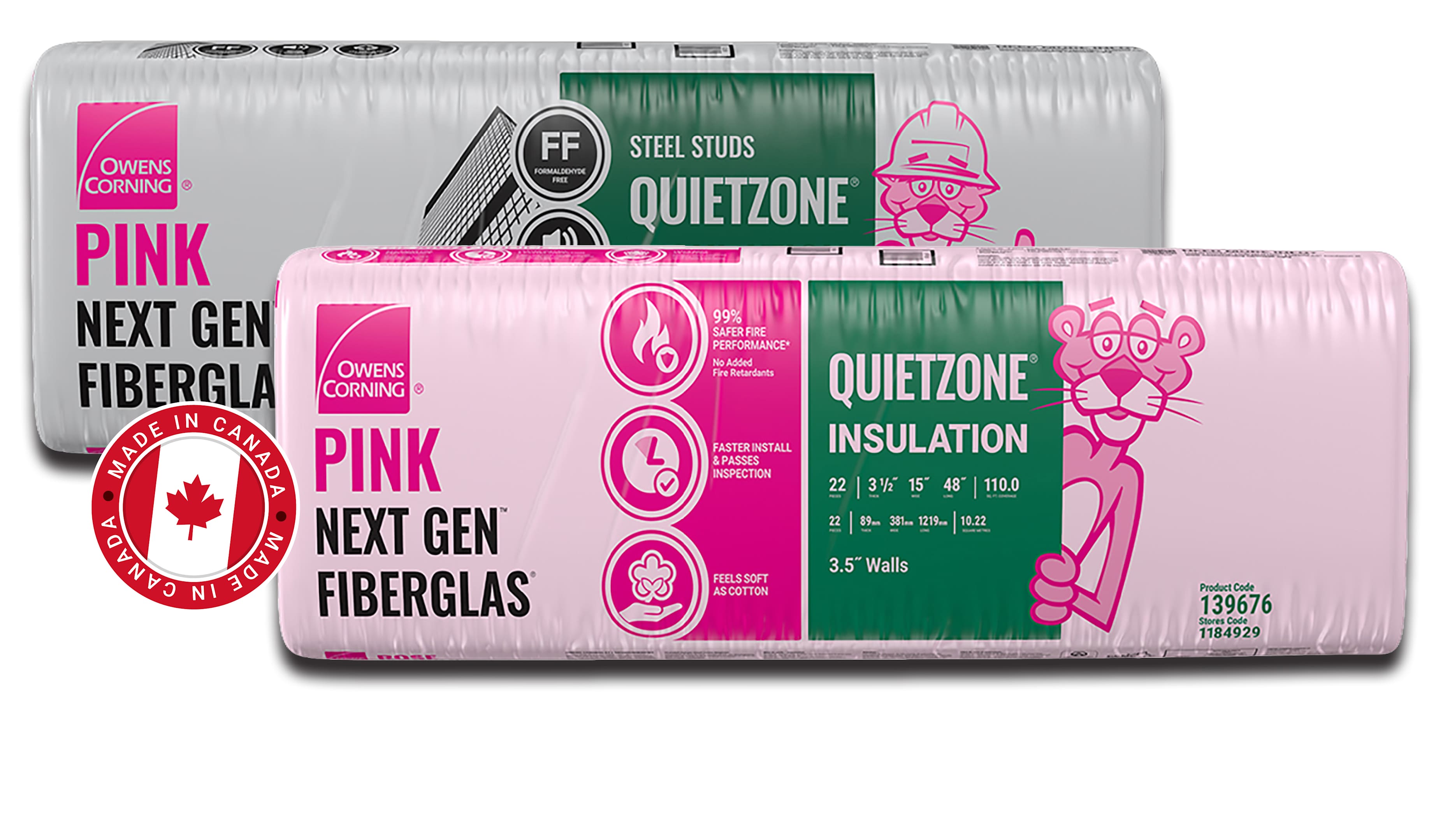 QUIETZONE® PINK NEXT GEN™ FIBERGLAS® Insulation Packages, steel stud package and wood stud package, Made in Canada seal.