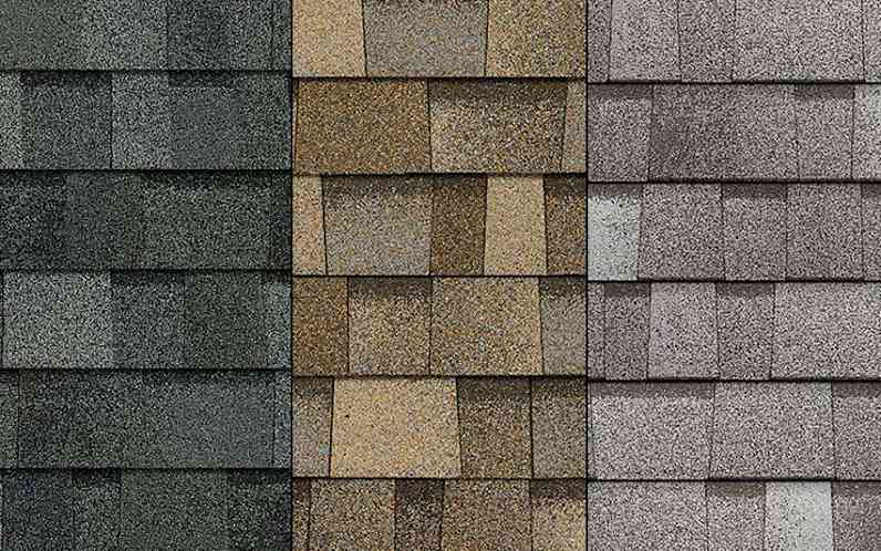 Three shingle swatches side by side, black, brown, and light grey