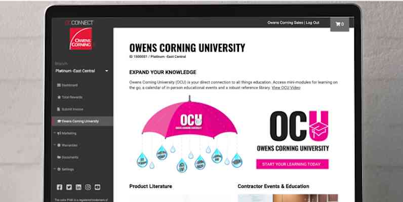 Photo of a computer with Owens Corning University on the screen