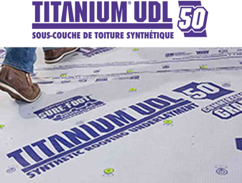 Logo Titanium🅫 UDL50 au-dessus d'une photo de la sous-couche de toiture synthétique Titanium🅫 UDL50