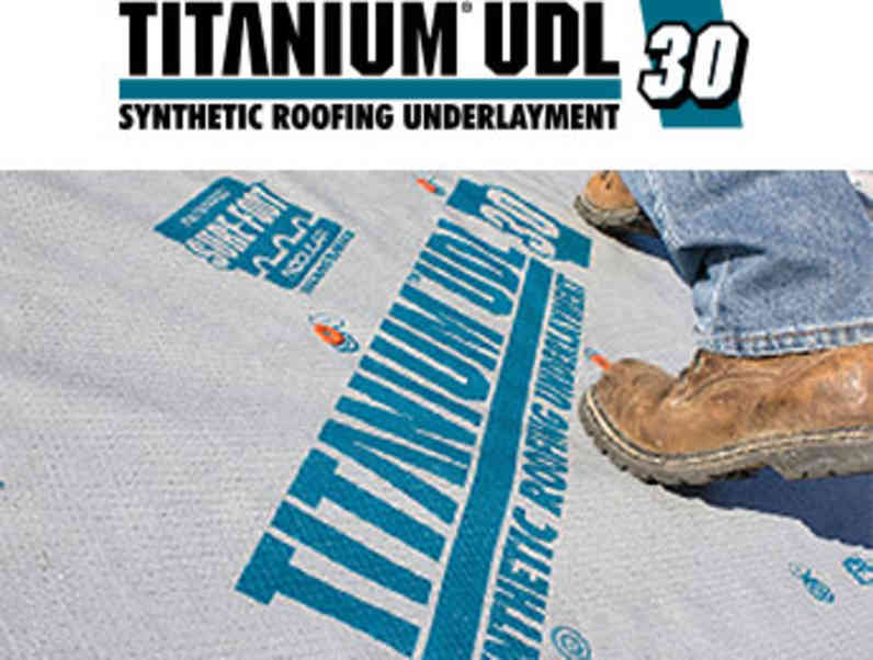 Titanium® UDL30 Logo above a photo of Titanium® UDL30 Synthetic Roofing Underlayment