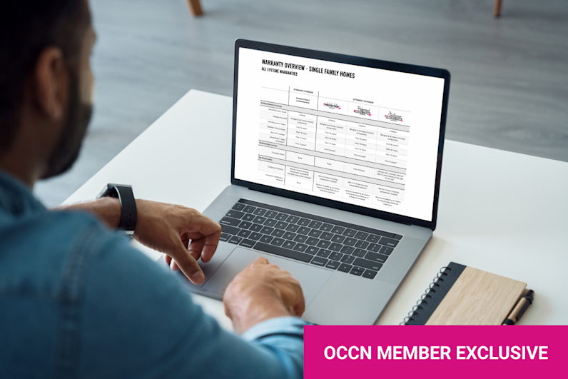 Photo of a person sitting at a table with laptop open to the Owens Corning Warranty Widget page