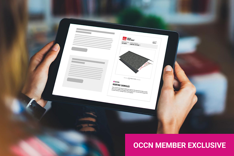 Photo of hands holding on to a tablet with the Owens Corning Build Your Roof® Widget page loaded on screen