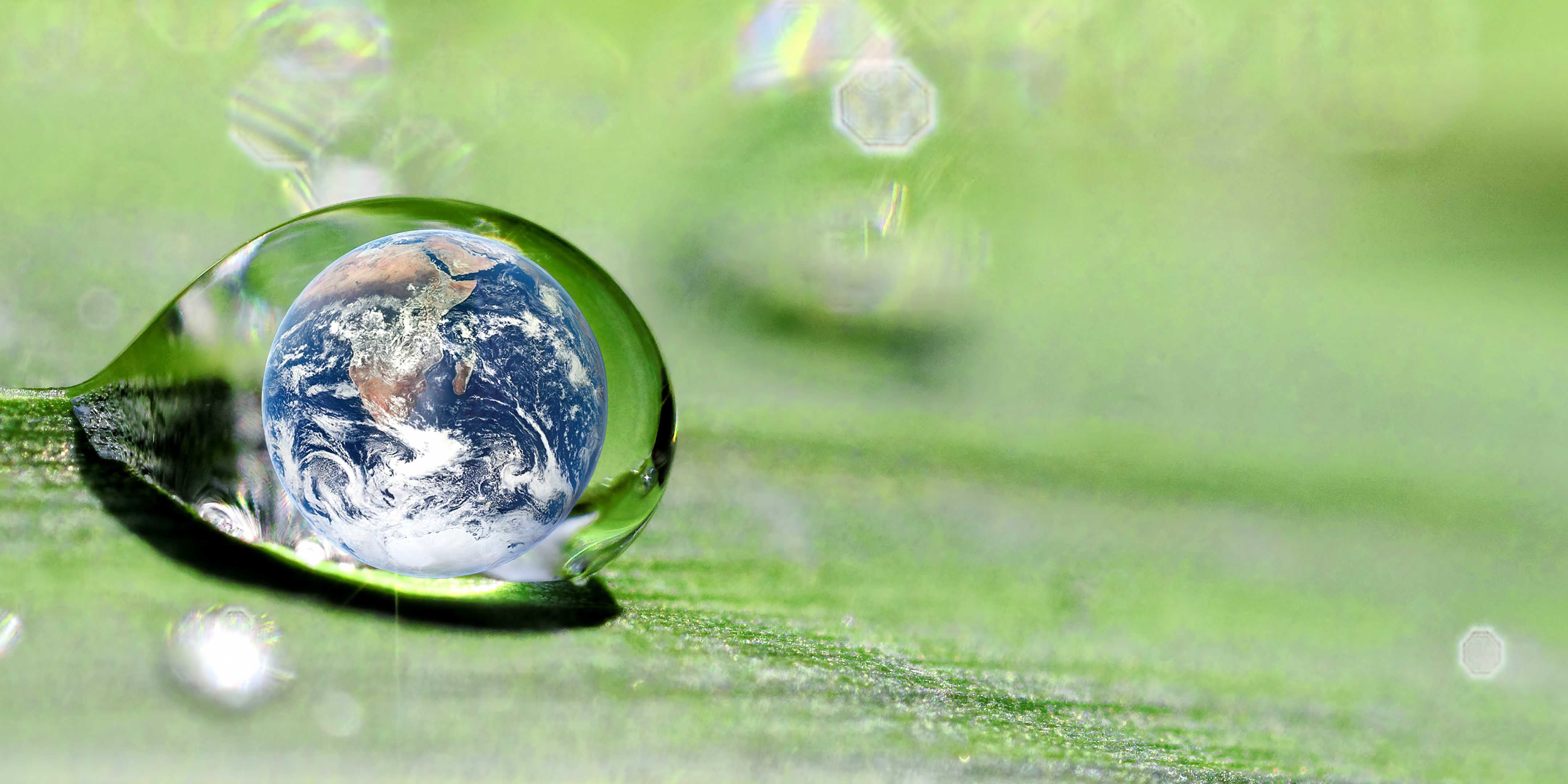 En jordglob är inuti en vattendroppe som rinner av ett grönt blad.