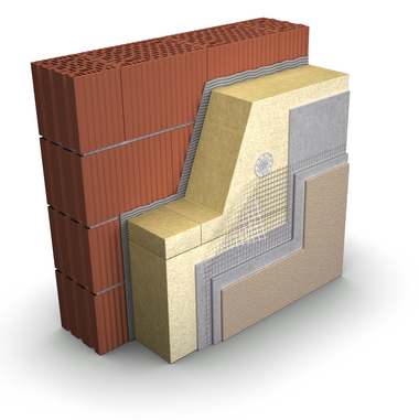 tinkuojamos sienos pjūvis su PAROC akmens vatos izoliacijos sluoksniu