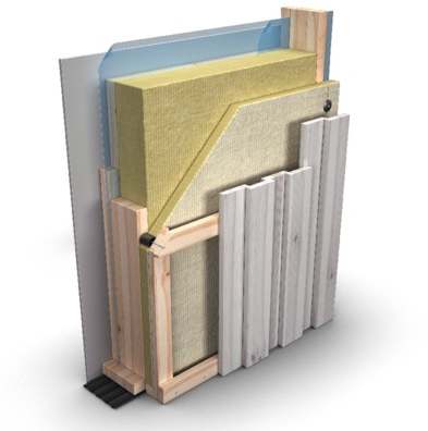 ventilerad fasad med träregelstomme och PAROC-isolering samt träbeklädnad.