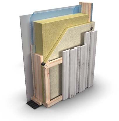 ventileret facade med træramme og PAROC-isolering og træbeklædning.