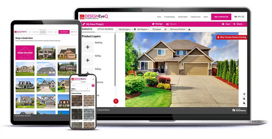 Laptop, Tablet, and mobile phone showing the landing page for DesignEyeQ roof visualization tool.