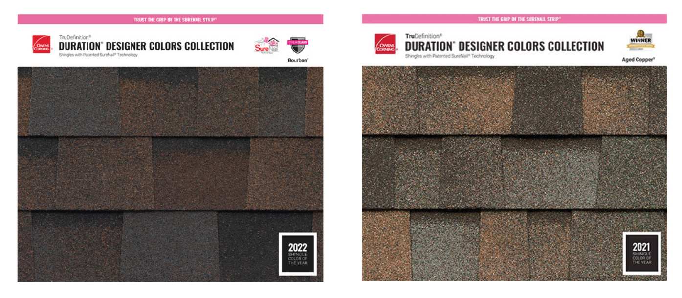 Two shingle sample prints shown in Bourbon and Aged Copper.