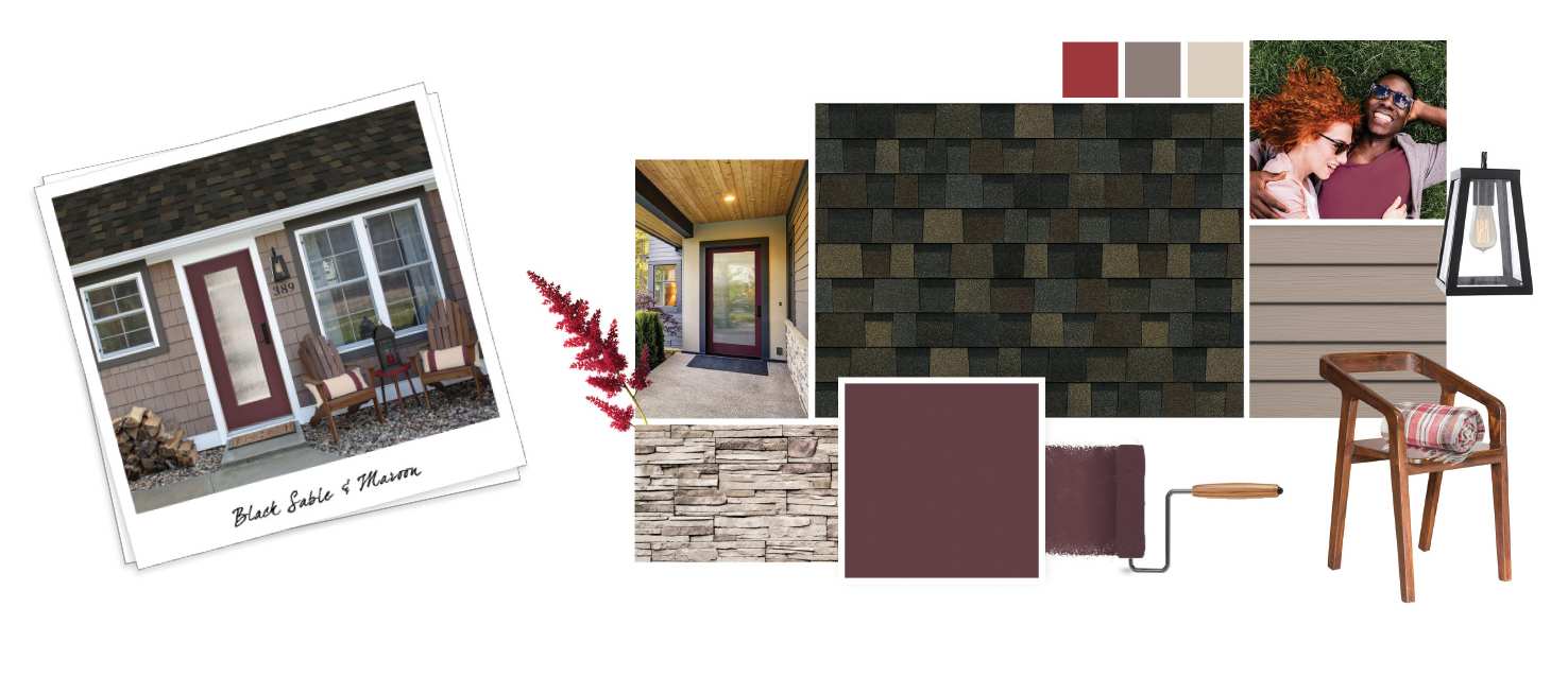 Style Board for Black Sable roofing shingles featuring a shingle swatch of deep brown, black and red tones, medium tan vinyl siding, maroon paint roller, tan stone siding, maroon front door, wooden chair, lantern, and a couple smiling wearing shades of red.