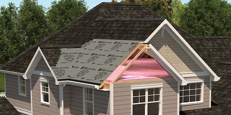 House diagram showing roof layers cut away to reveal underlayment