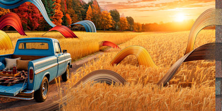 A scene of a bright blue truck driving through a golden field on a dirt road with fall trees, set beside Owens Corning 2027 Shingle Color of the Year, Summer Harvest