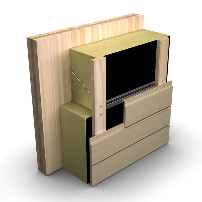 CLT-seinä, joka on eristetty PAROC Cortex One b -kivivillaeristeellä, kiinnitysjärjestelmänä PAROC ZEROfix.