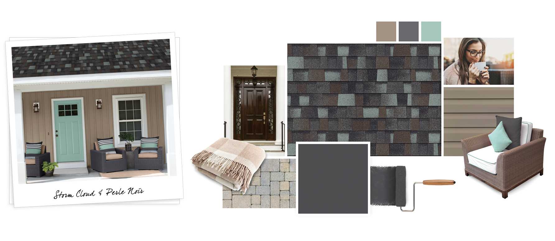 Style Board with a photo of a tan house with an aqua colored front door and a Sand Dune colored roof from Owens Corning. Also shown are swatches of tan vinyl siding, stone walkway, knit tan blanket, dark brown front door, dark grey paint roller, and outdoor furniture.