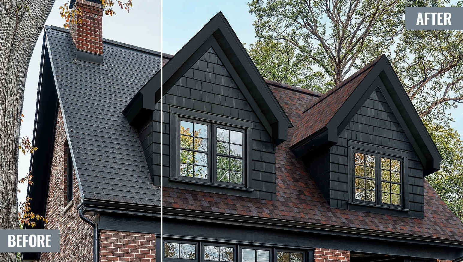 Before and after images of a red brick home going from old dark grey shingles to Owens Corning Duration Designer shingles in Merlot with bright pops of color.