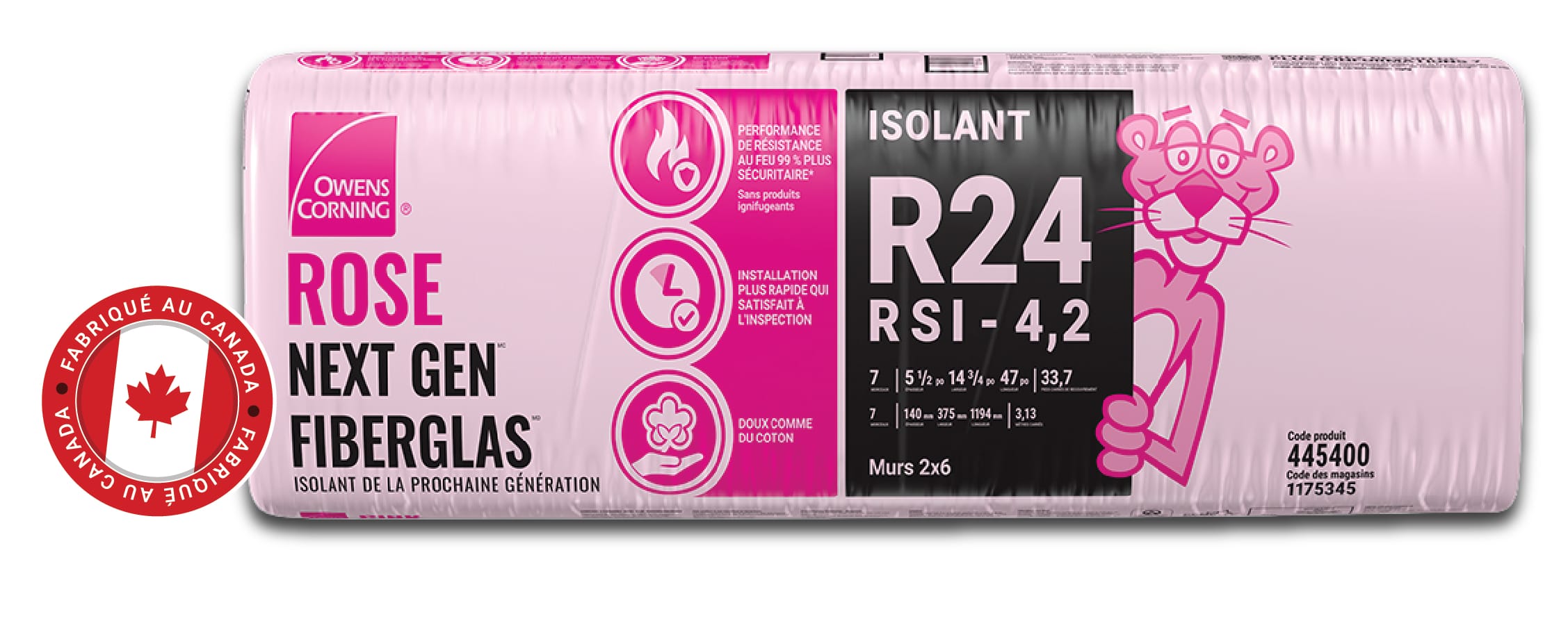 L'isolant ROSE NEXT GEN FIBERGLAS R-24 sac, fabriqué au Canada symbole