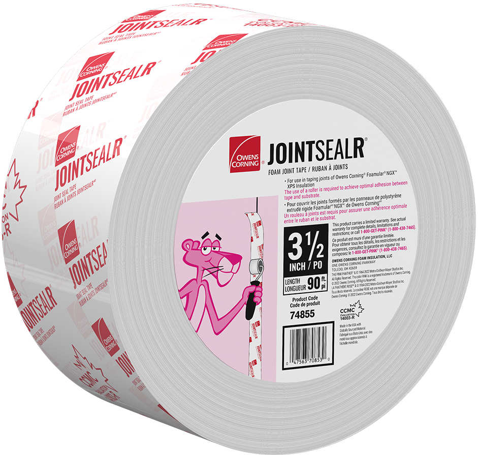 Owens Corning JointSealR Foam joint tape applied to the joints of Foamular XPS boards. 