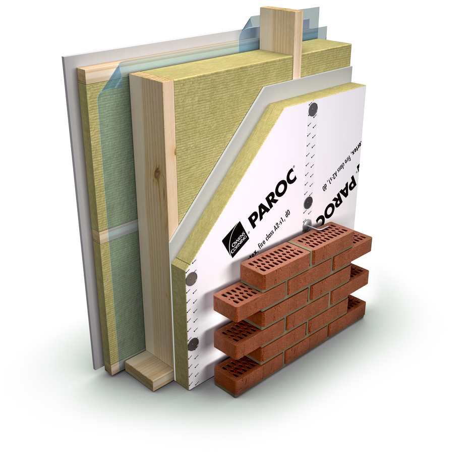 Puurakenteinen tiiliverhottu tuulettuva julkisivu eristeenä PAROC Cortex