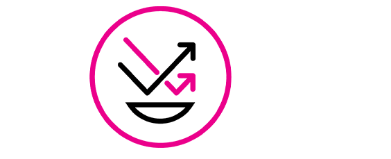 Icon of arrows reflecting and rising upward above a curved line inside a pink circle.