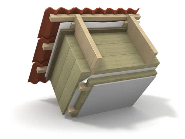 Energy-efficient stone wool insulation solution for pitched roofs, 3D image