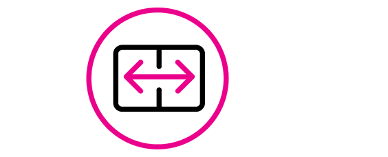 Icon of a panel with arrows pointing left and right inside a pink circle, symbolizing expansion or flexibility.