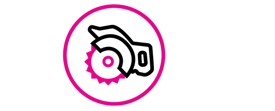 Icon of a circular saw inside a pink circle, representing cutting tools or construction work.