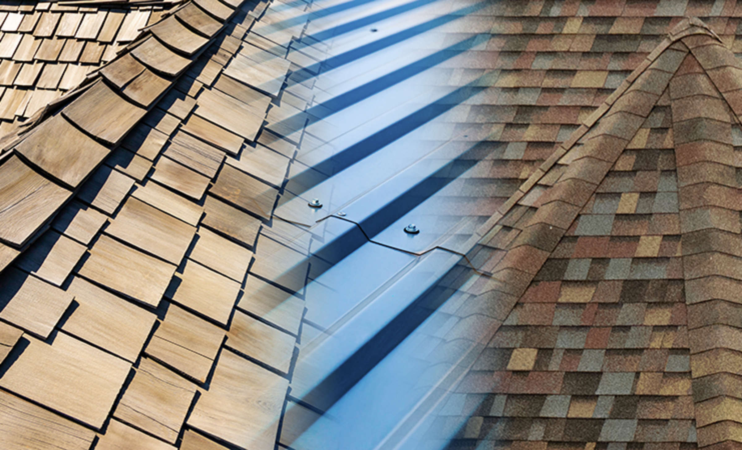 Closeup texture comparison photo of three different styles of roofing shingles