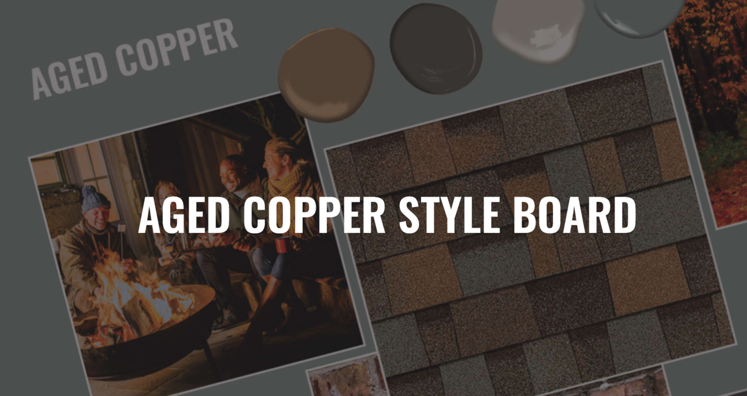 Style board graphic featuring Aged Copper swatch and color palette with the text “Aged Copper Style Board” layered over top of the visual