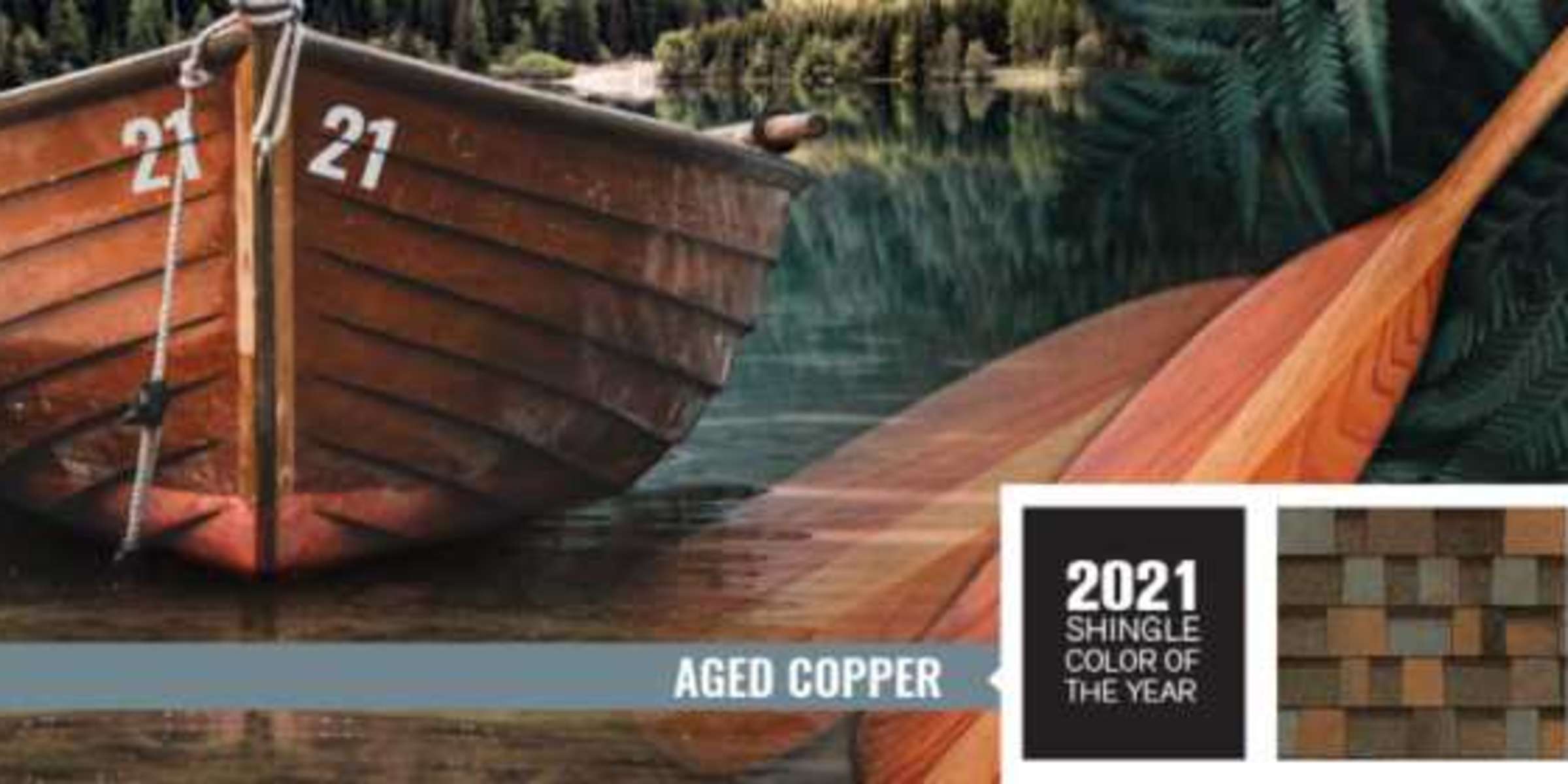 Montage image with a wooden boat in a lake with a scenic wooded landscape behind. Wooden oars and deep green furs also composited for a very earthy, nature-inspired visual.