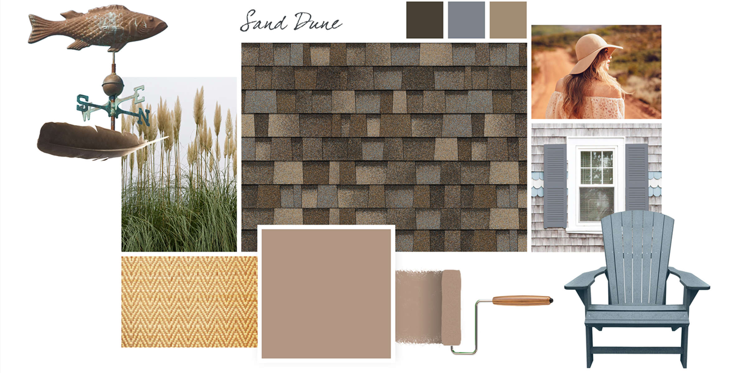 Style board featuring Sand Dune brown-toned shingle swatch, tan paint, tall grass, and dusty blue accents
