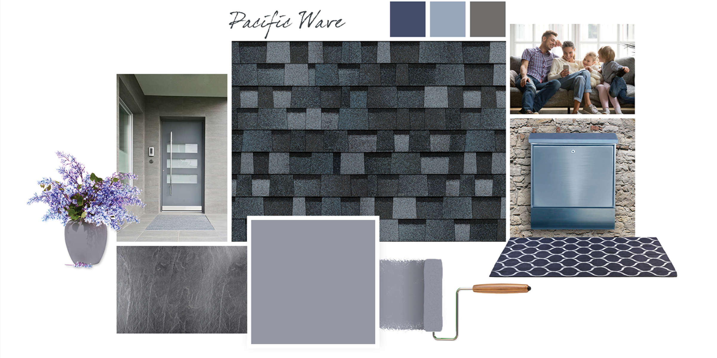Style board featuring Pacific Wave blue-toned shingle swatch, blue-grey paint, blue and grey accent pieces