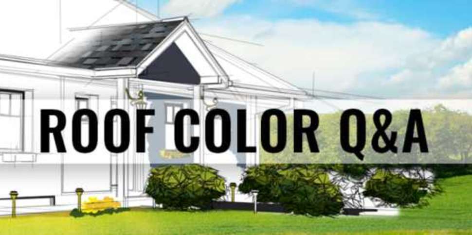 Illustration of a house with the text "Roof Color Q&A" layered over top of the graphic