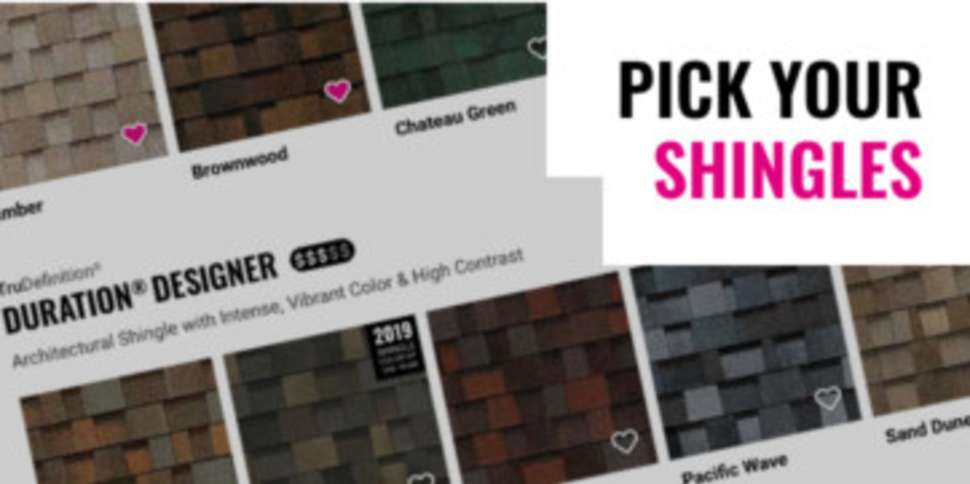 Screenshot of Owens Corning Pick Your Shingles web page with text "Pick Your Shingles" in top right corner