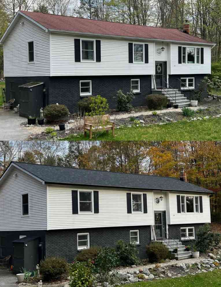 Fotos del antes y el despuÃ©s de una casa blanca y negra que va de un techo rojo antiguo e insÃ­pido a un nuevo y hermoso techo de Owens Corning en Black Onyx.