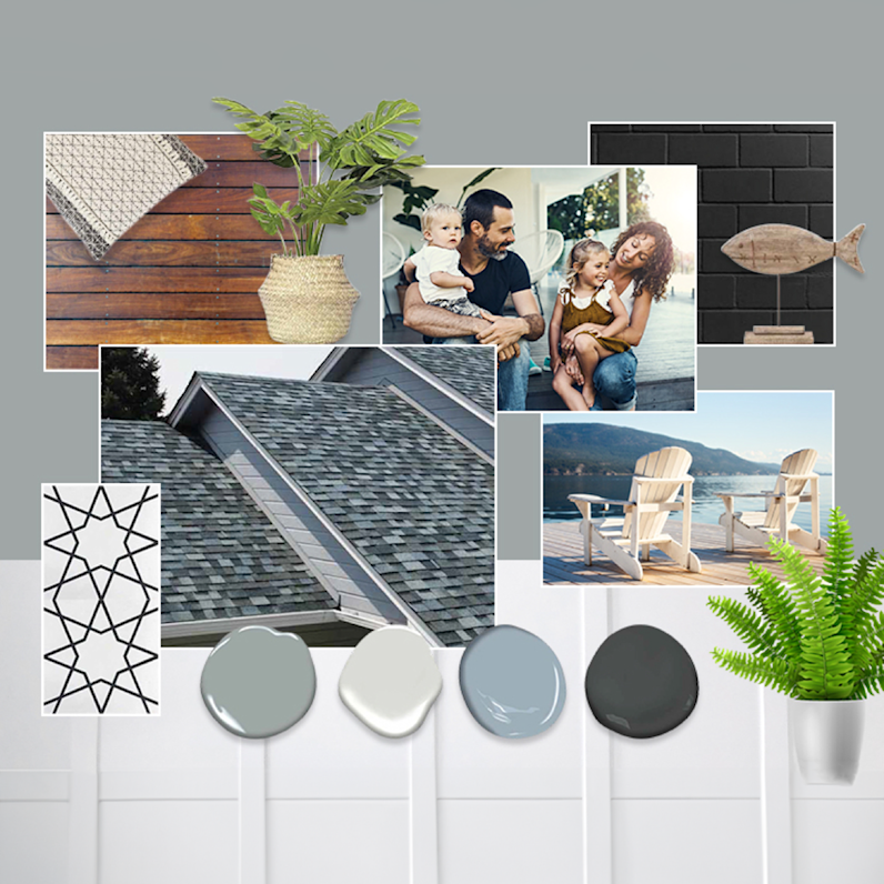 Composite image of design elements including paint puddles, plants, wood flooring, and Pacific Wave shingles on a house.