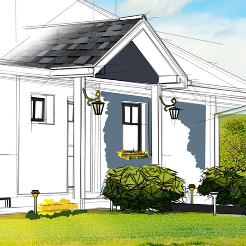 Sketch style photo of a traditional home with watercolor elements in select areas.