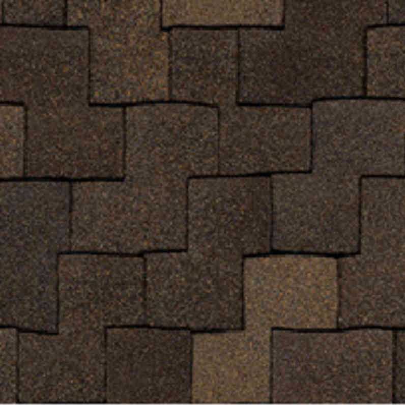 Woodmoor® Woodcrest® Chestnut shingles have an overall color of warm dark brown that is achieved by a mix of various golden tan, brown, and black granules